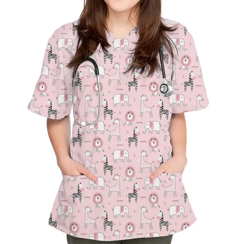 V-neck Cute Plain Pattern Series 3D Cloth For Nursing Workers