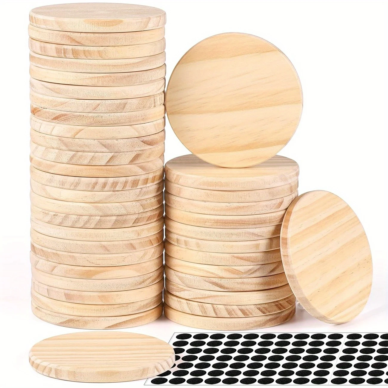 42pcs 10.16 cm Round Blank Wooden Coasters with Non-Slip Silicon Dots