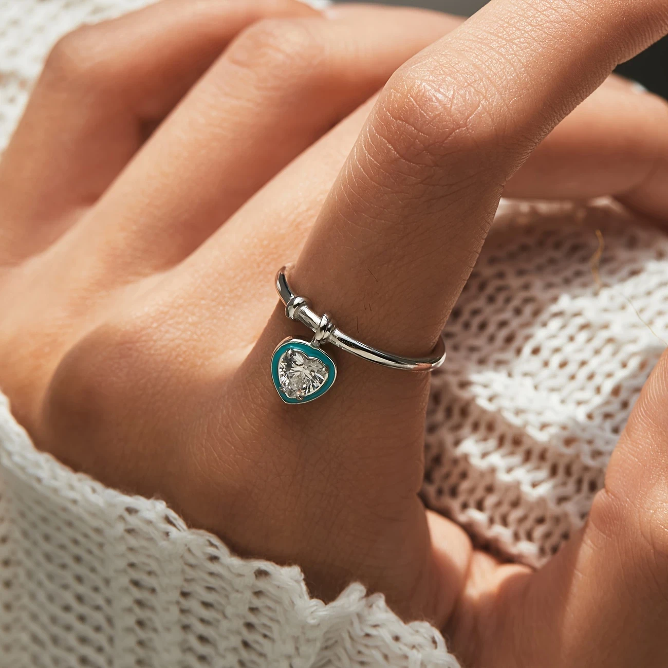 925 Sterling Silver Green Enamel Sweet Romantic Heart Love Charm Ring for Women - Daily Accessories Jewelry