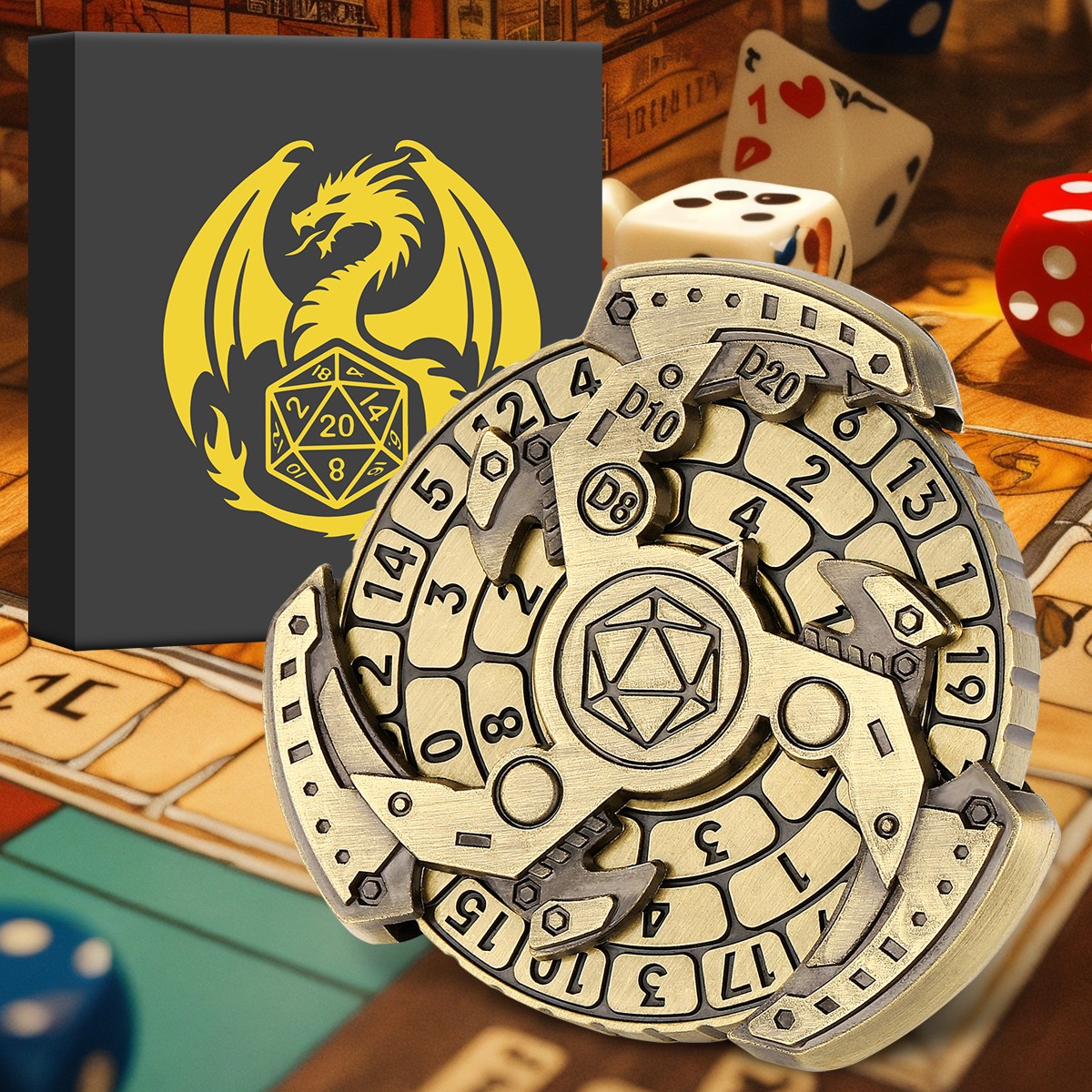 Wind And Fire Wheel DND Dice Wheel Gift Box Set, Fingertip Gyro Retro Compass Table Role Playing Game Dice, Parent Child Game, Toy Accessories Gift, Multiplayer Role Playing Board Game Accessories