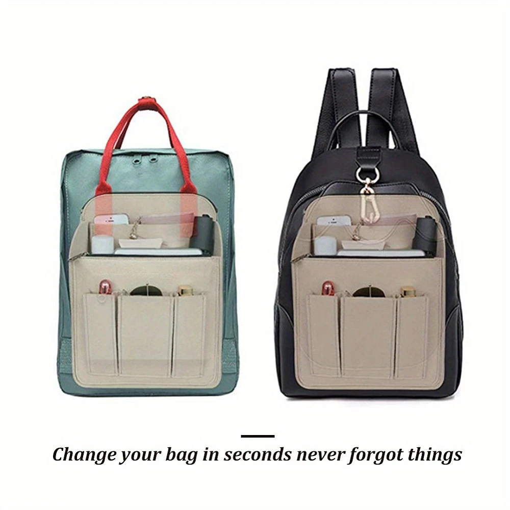 Beige Felt Backpack Organizer Insert with Multiple Pockets