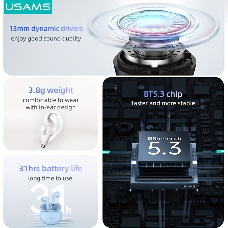 USAMS TureTWS Wireless Earphones BT 5.3, Ultra Mini Size, Sports In-Ear Earbuds, Bass ACC 3D Surround Sound, Model USAMS-YO17