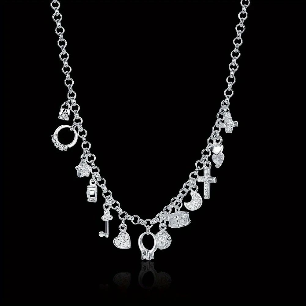 925 Sterling Silver 45cm (18inch) Chain Necklace with Thirteen Pendant Multi-Element Fashion Simple Silver Jewelry for Women, Men, and Lady