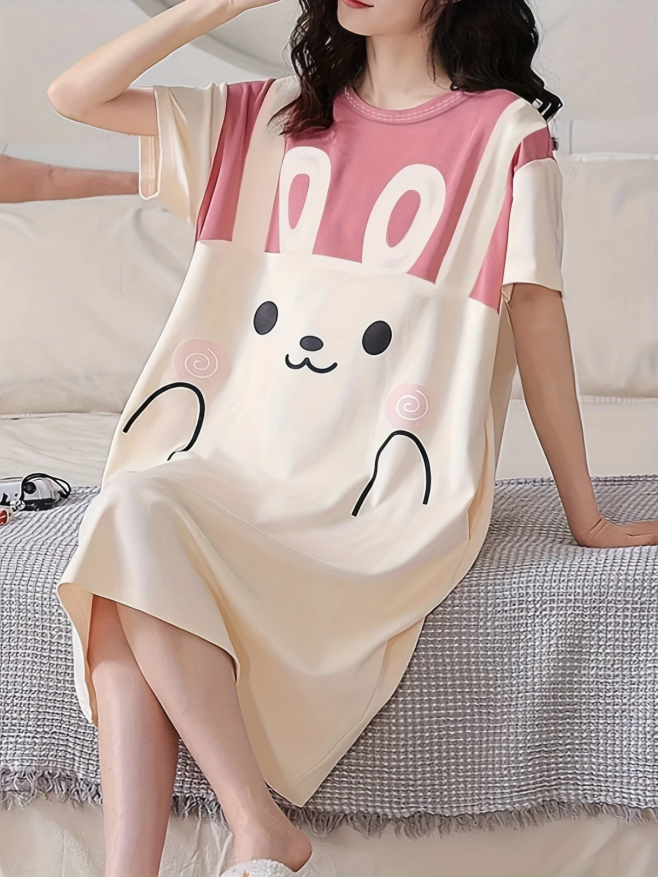 Adorable Rabbit Print Womens Nightdress Lightweight & Comfortable Short Sleeve Tee Dress with Soft Round Neck, Loose Fit for Summer Sleep and Lounge