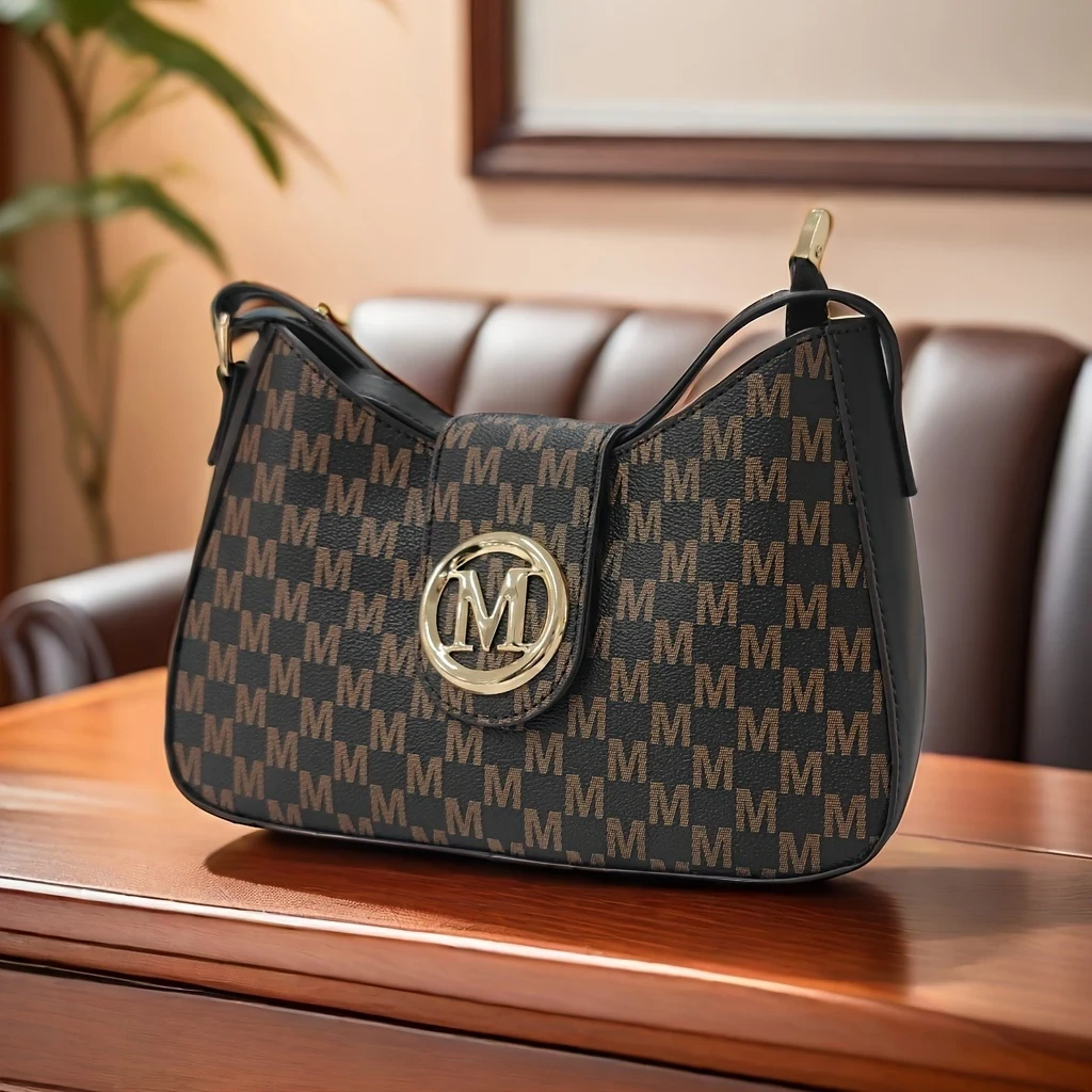 Chic M-Print Womens Crossbody Bag Sleek Black with Golden-Tone Clasp, Zipper Closure & Polyester Lining