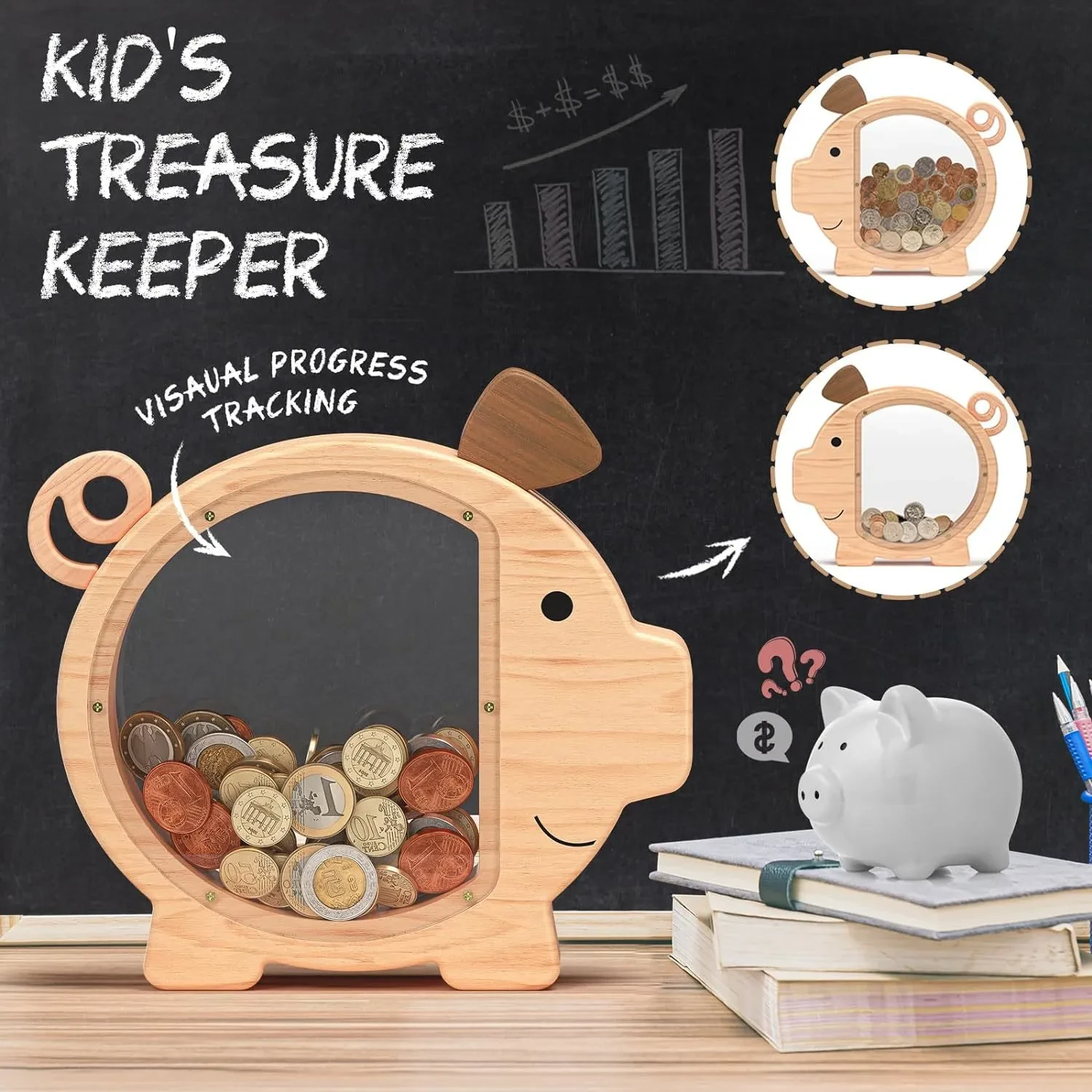 Children's Wooden Cartoon Pig Transparent Piggy Bank