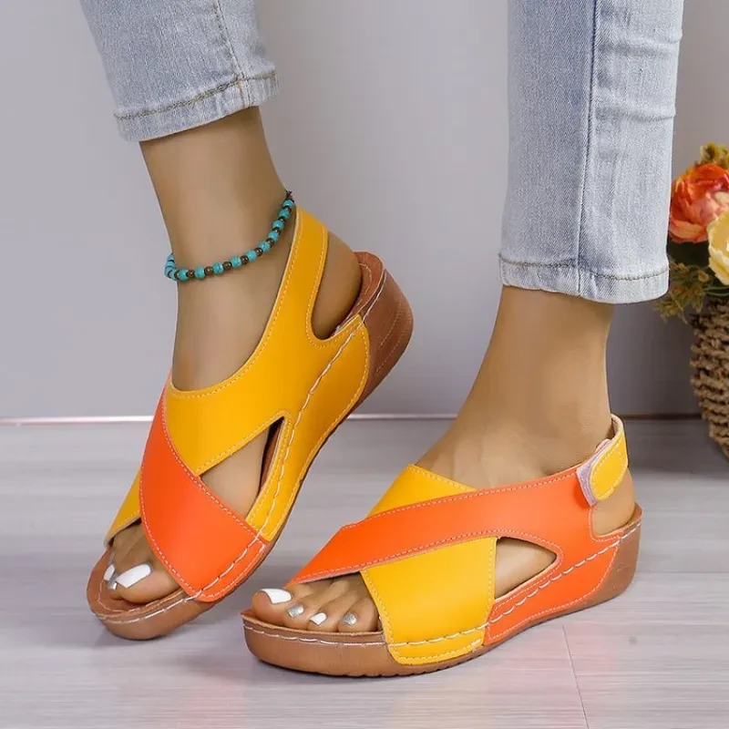 Summer Wedges Sandals With Colorblock Cross-strap Shoes For Women
