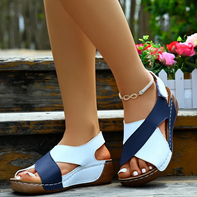Summer Wedges Sandals With Colorblock Cross-strap Shoes For Women