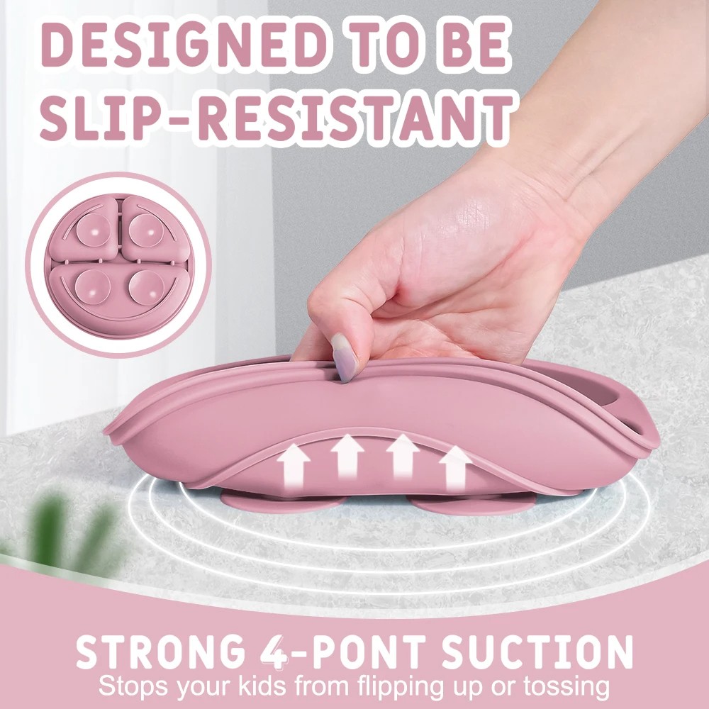Silicone Baby Feeding Set  BPA-Free Suction Bowl, Divided Plate, Spoon, Fork & Bibs