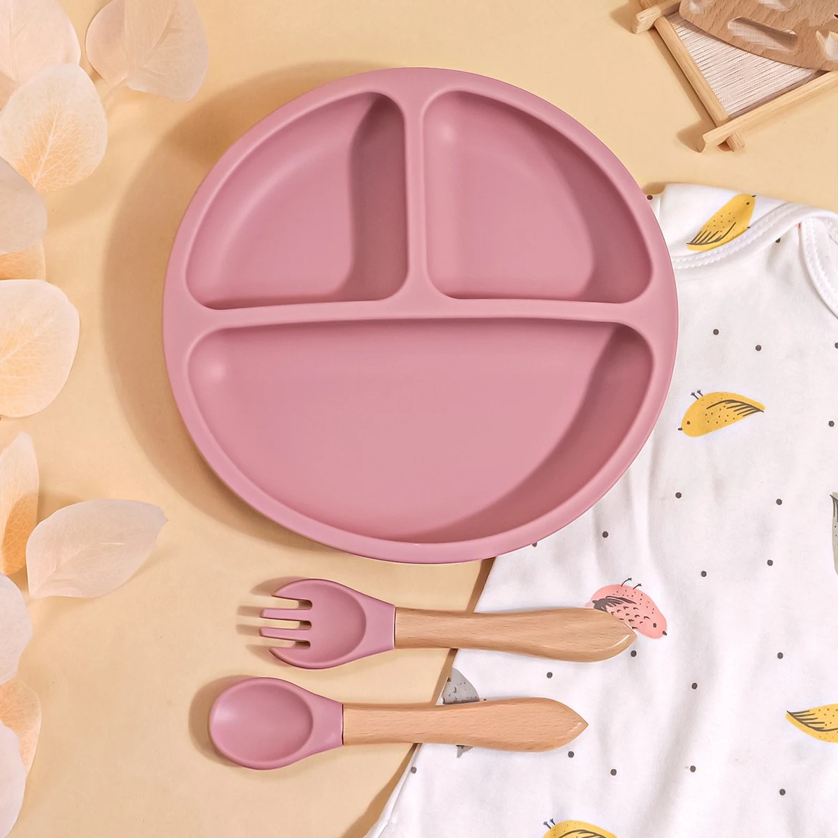 Silicone Baby Feeding Set  BPA-Free Suction Bowl, Divided Plate, Spoon, Fork & Bibs