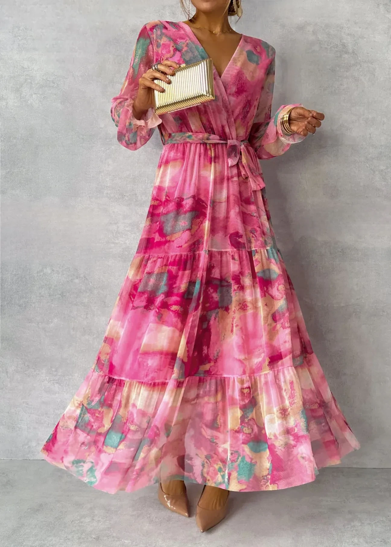 Long-sleeved Floral Print Dress Elegant V-neck Pleated High-waisted Big Swing Chiffon Maxi Dresses For Women Clothing