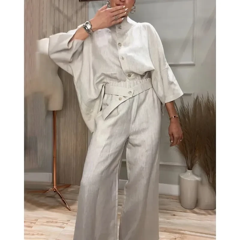 City Elegant Comfortable Stand-up Collar 34 Sleeve Shirt Outfit