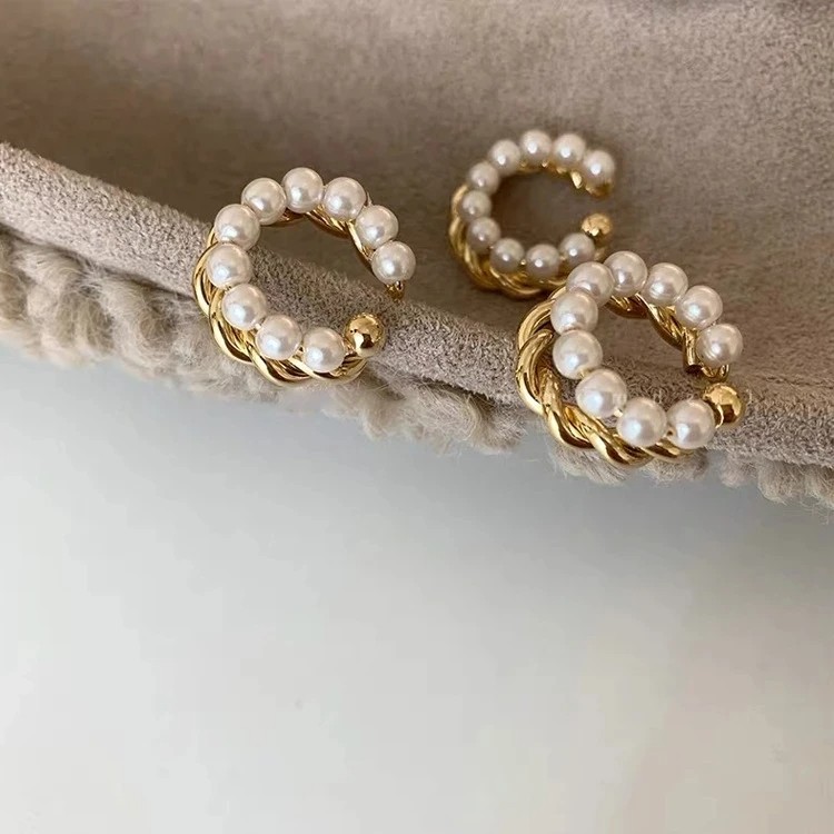 New Korean Gold Color Double Circle Twist Pearl Ear Cuff