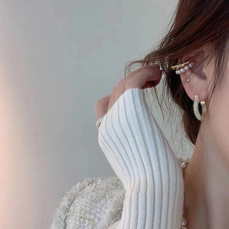 New Korean Gold Color Double Circle Twist Pearl Ear Cuff