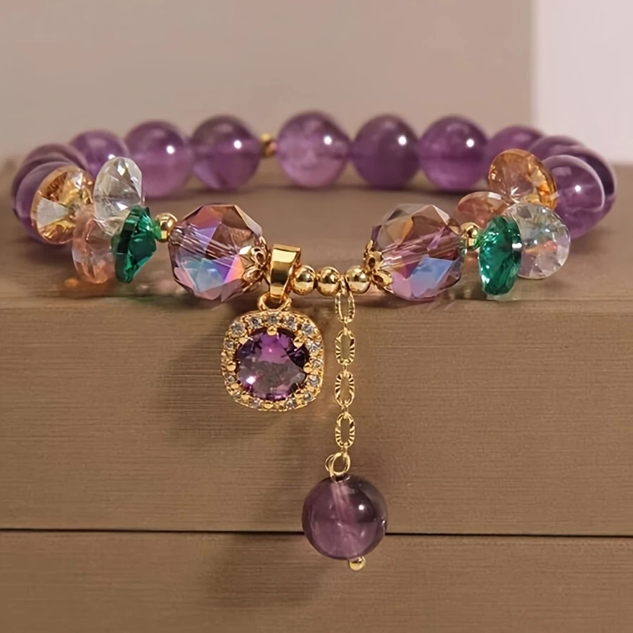 Elegant Retro Amethyst Bead Bracelet with Golden-Tone Accents and Crystal Pendant Bohemian Charm for Every Occasion