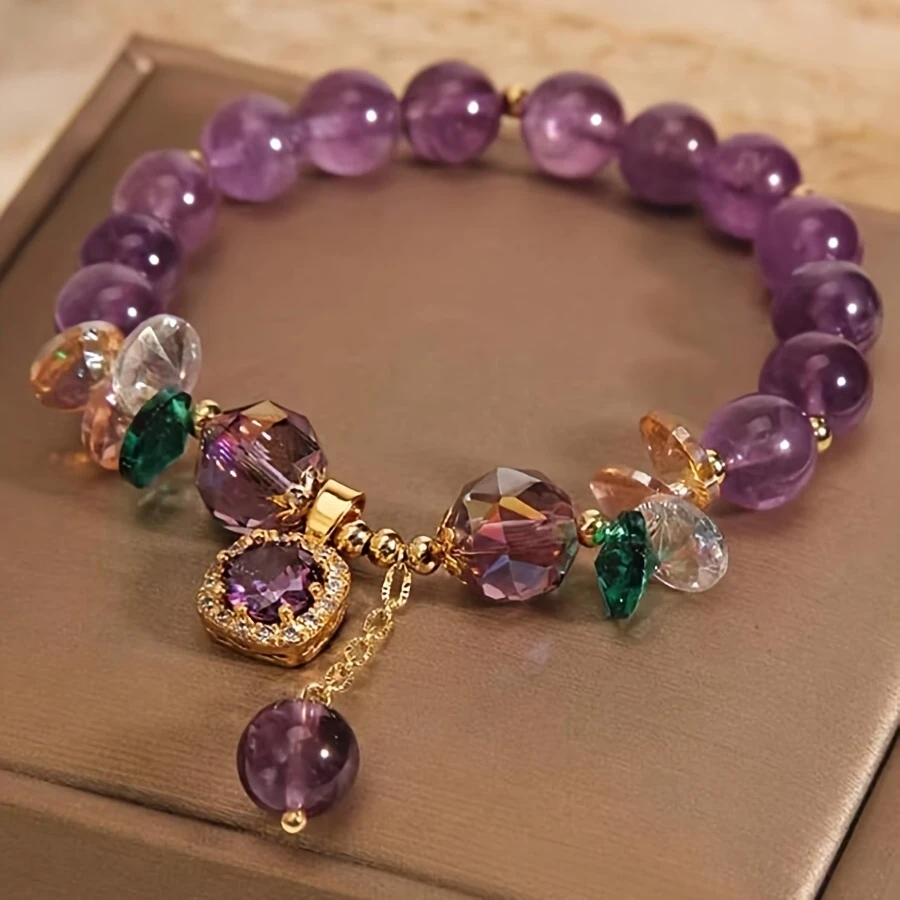 Elegant Retro Amethyst Bead Bracelet with Golden-Tone Accents and Crystal Pendant Bohemian Charm for Every Occasion