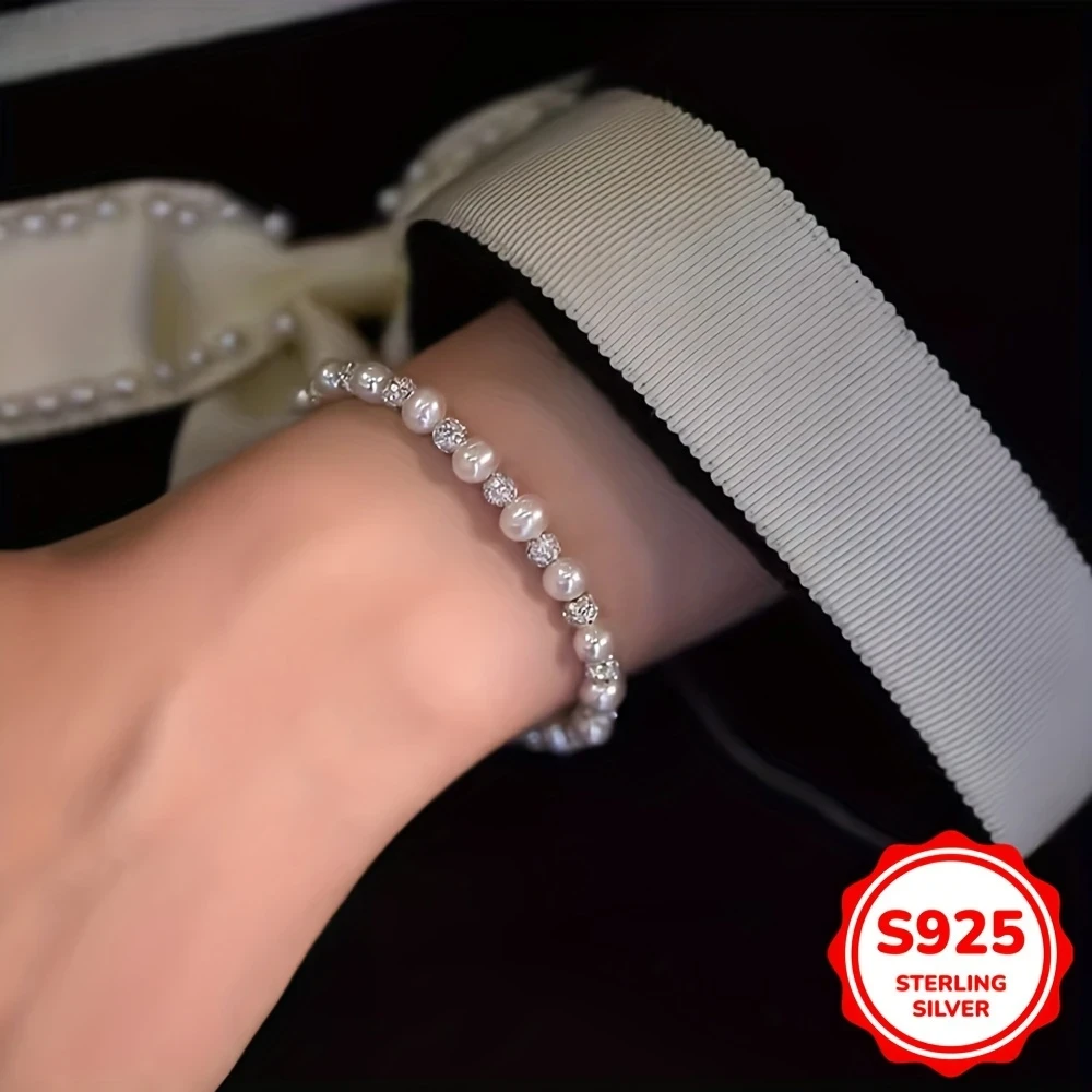 1pc S925 Pearl Necklace & Bracelet Set  Elegant Vintage Style 925 Sterling Silver with Cubic Zirconia Accents | Lightweight 6.85g | Perfect Mothers Day Gift NZ