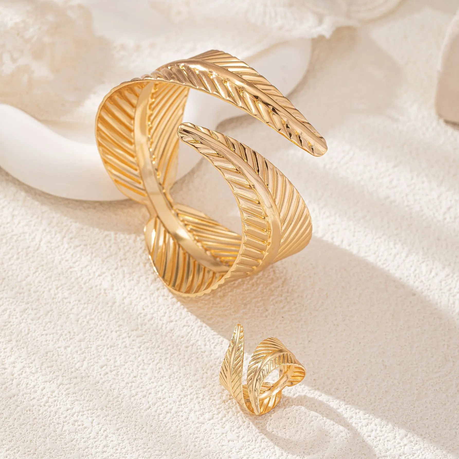 Geometric Crossing Leaves Cuff Bangles and Ring Set