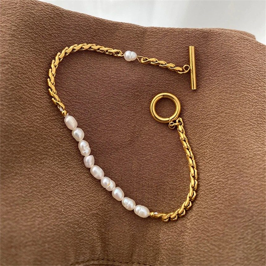 316L Stainless Steel Simplicity Vintage Irregular Shaped Imitate Pearl OT Buckle Chain Bracelets