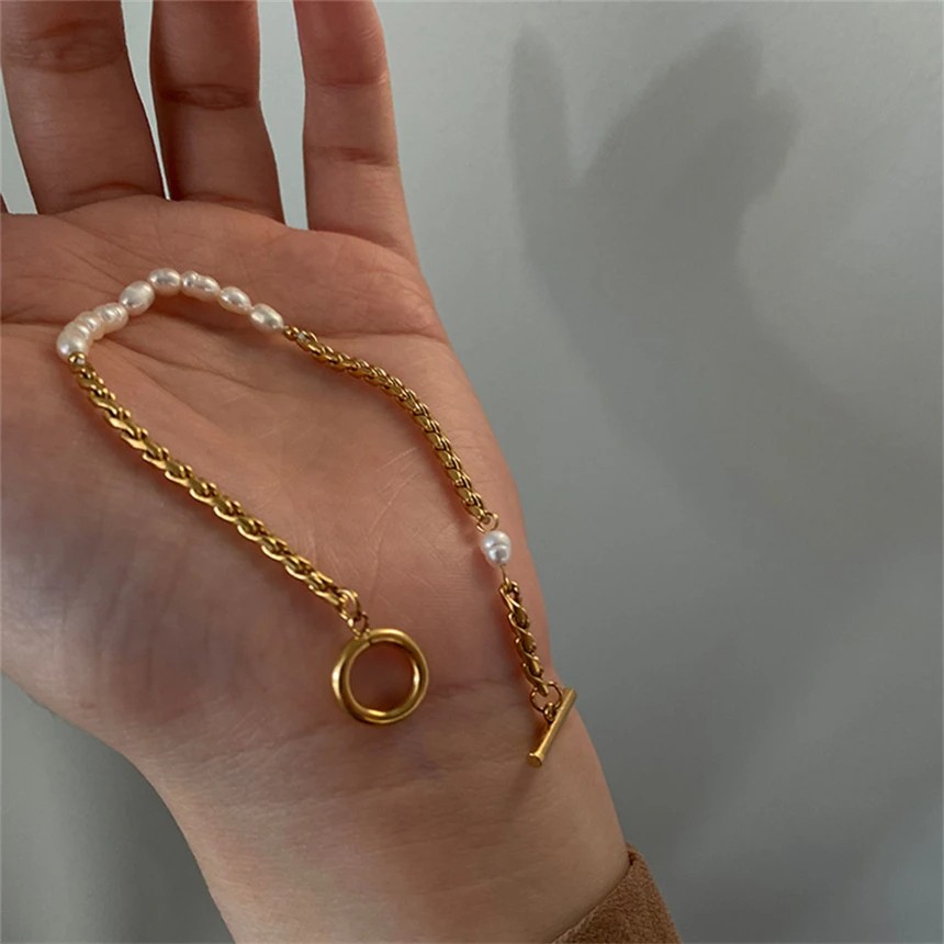 316L Stainless Steel Simplicity Vintage Irregular Shaped Imitate Pearl OT Buckle Chain Bracelets