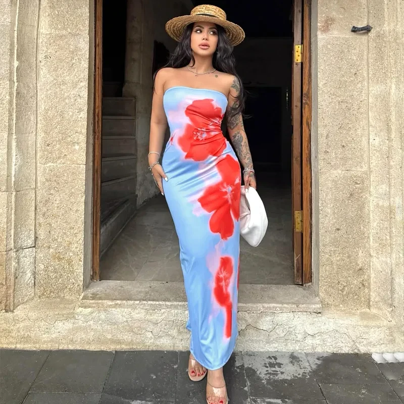 Slim Slit Tube Long Dress Summer Sexy Pint Party Beach Dresses