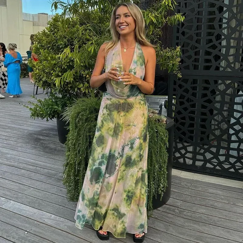 2pcs Tie Dye Printing Deep V-neck Suits Fashion Halter Backless Long Dresses For Beach Party