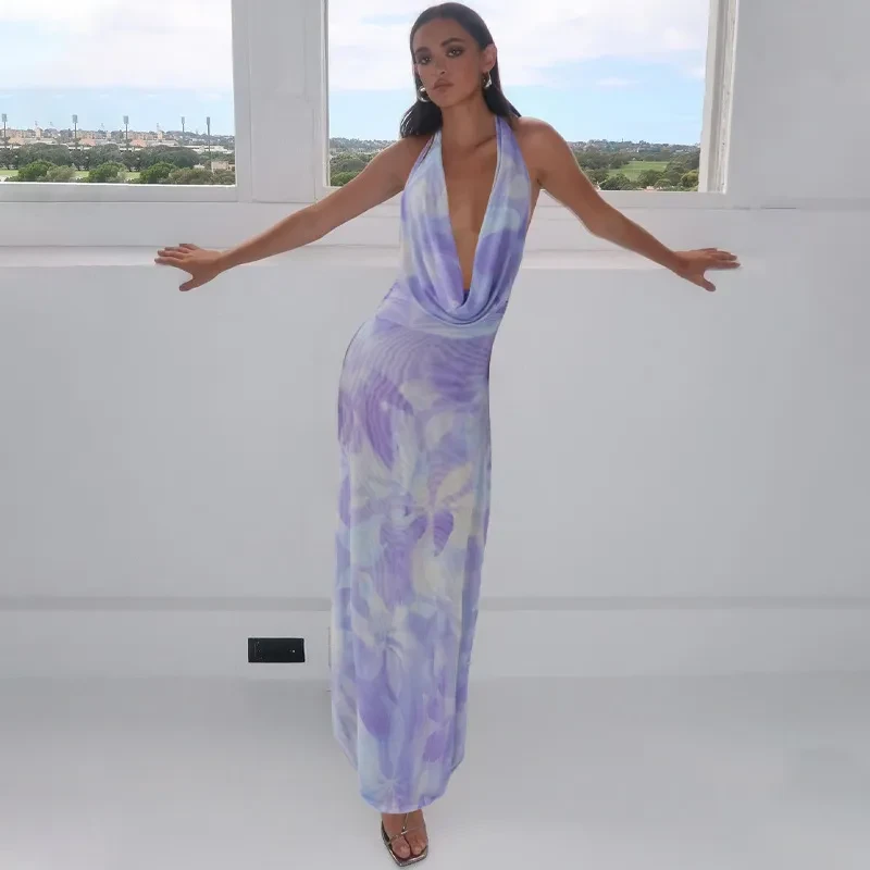 2pcs Tie Dye Printing Deep V-neck Suits Fashion Halter Backless Long Dresses For Beach Party