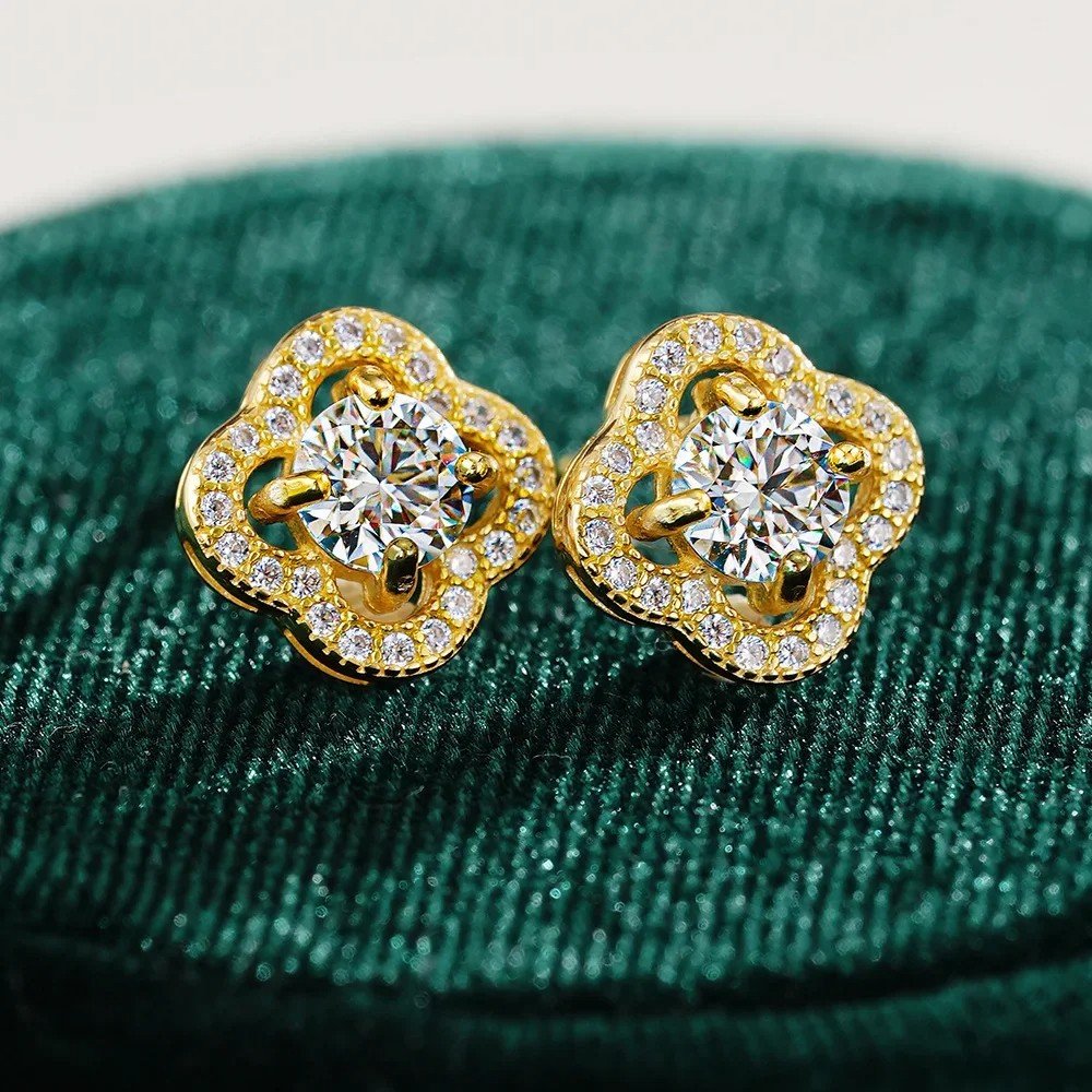 Luxury 100% Real 18K Gold Ring and Lucky Grass Moissanite Women's Stud Earrings