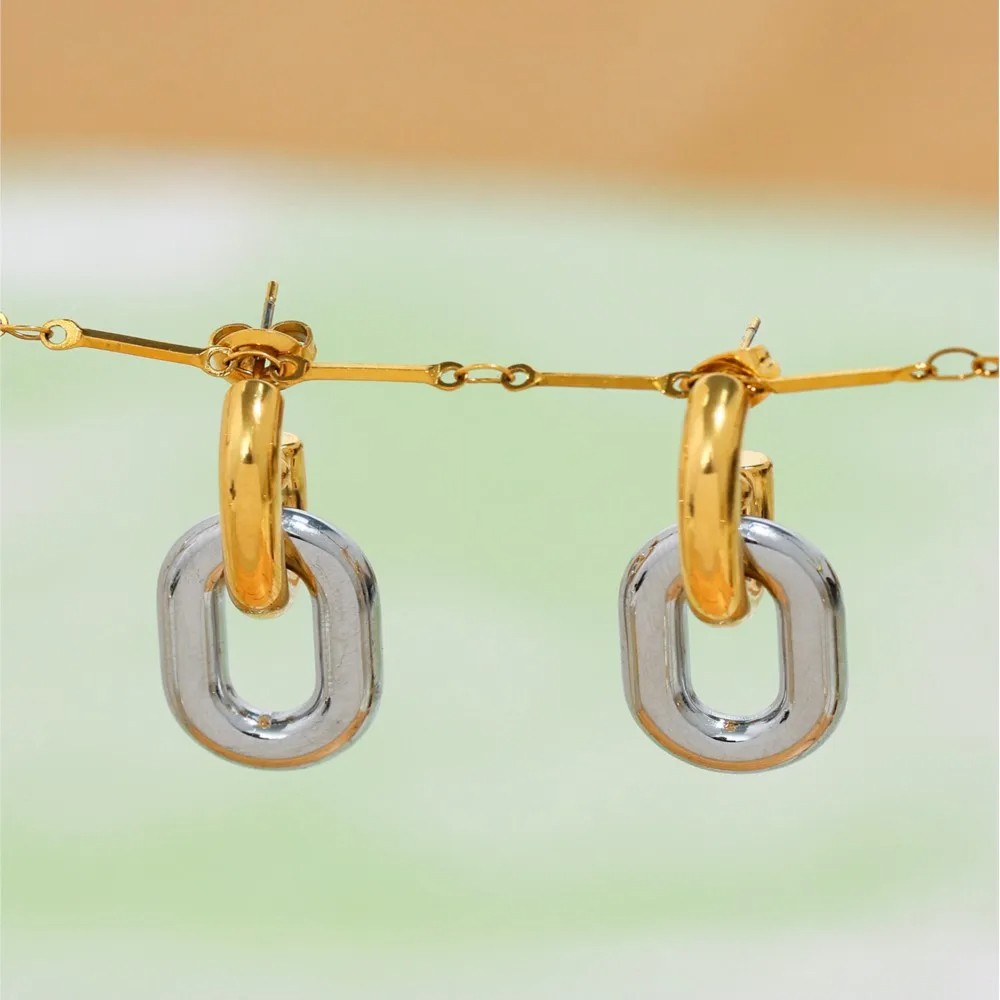 Two-Tone Oval Circular Ring Dangle Earrings in Stainless Steel  18K Gold Plated