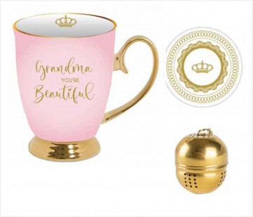 **GRANDMA YOU'RE BEAUTFUL MUG SET WITH TEA STRAINER & DISH