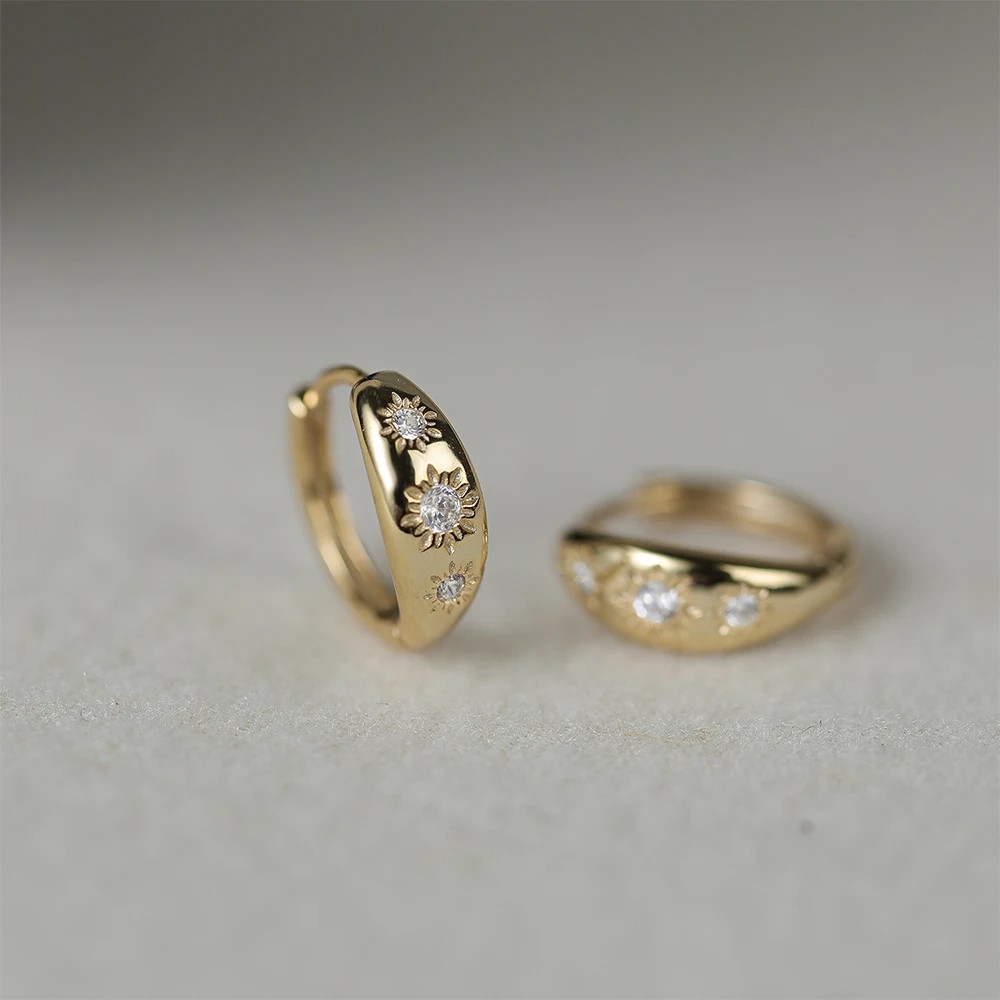 Aide 925 Sterling Silver Eight-Pointed Star Sturdy Gold Hoop Buckle Earrings