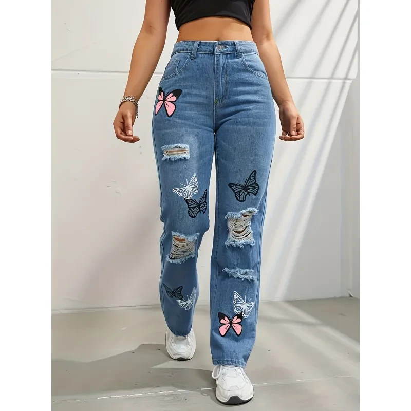 High Waisted Straight Leg Jeans For Women Trendy Butterfly Print Ripped Distressed Denim Pants