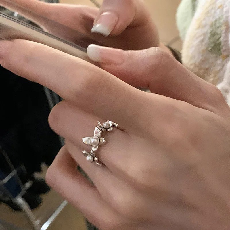 Real 925 Sterling Silver Personality Flower Pearl Adjustable Retro Ring