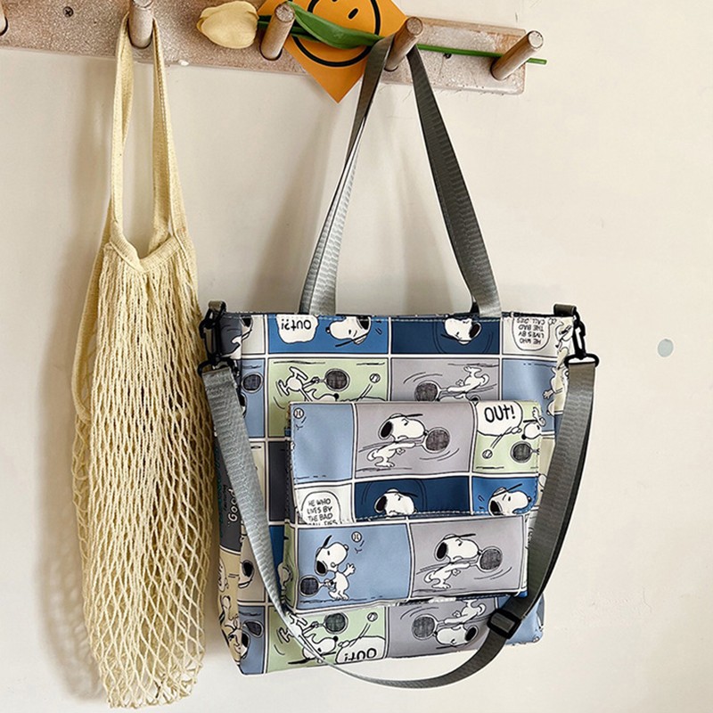 MINISO Snoopy Cartoon Print Tote Bag  Fashionable Large Capacity Casual One Shoulder Crossbody Bag, Nylon Pink Handbag