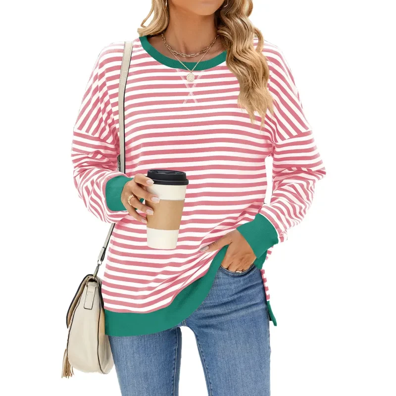 Mixed Color Striped Printed Split Design Long Sleeve T-Shirt Women's Clothing