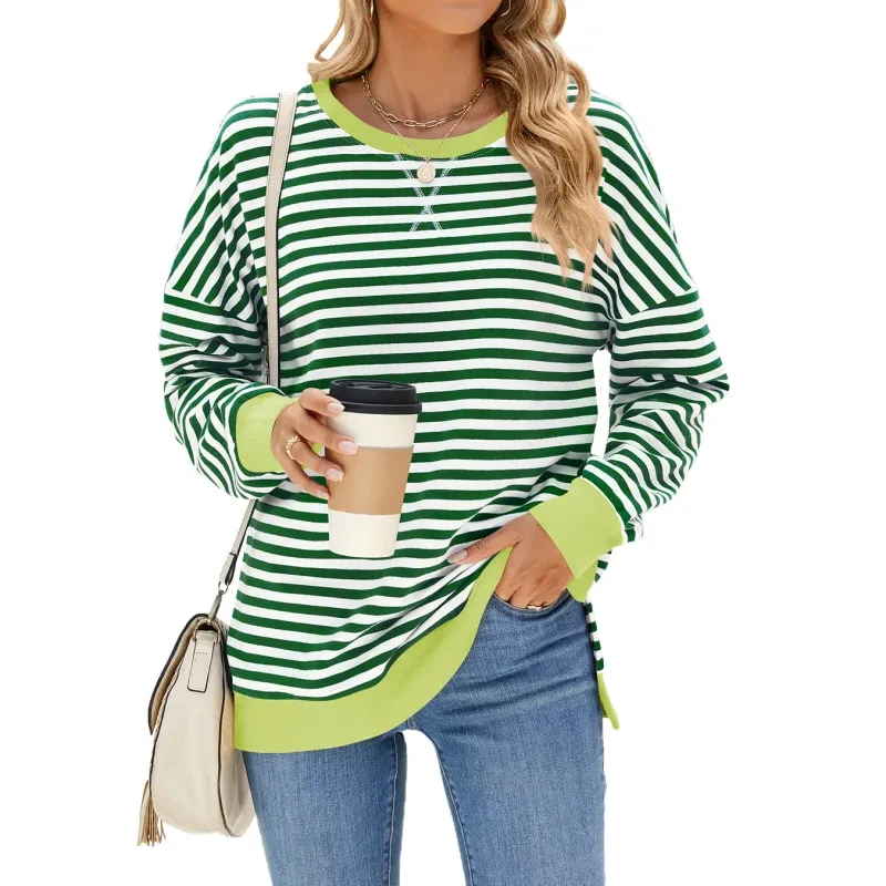 Mixed Color Striped Printed Split Design Long Sleeve T-Shirt Women's Clothing