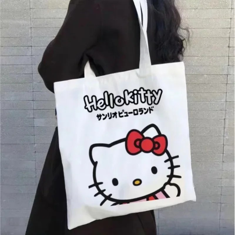 MINISO Disney Women Cute Hello Kitty Canvas Tote Bag Femme Shopping Shoulder Bag, Travel Tote, Luxury Designer Handbag