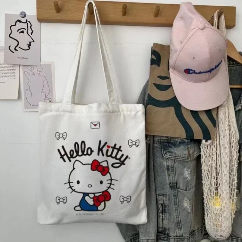 MINISO Disney Women Cute Hello Kitty Canvas Tote Bag Femme Shopping Shoulder Bag, Travel Tote, Luxury Designer Handbag