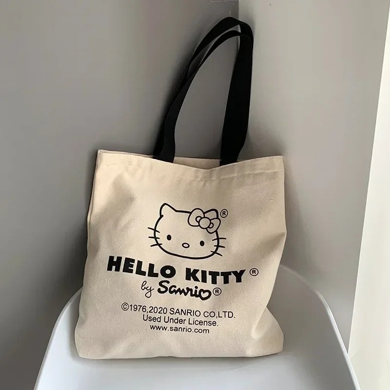 MINISO Disney Women Cute Hello Kitty Canvas Tote Bag Femme Shopping Shoulder Bag, Travel Tote, Luxury Designer Handbag