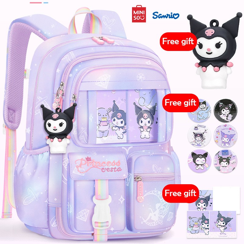 MINISO Sanrio Kuromi Student Backpack Kawaii Reduce Burden Protect Spine Kids Schoolbag, Cute Cartoon Light Book Bag, Girl Gift