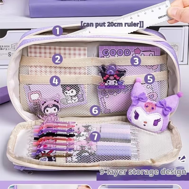 MINISO Cute Kuromi Large Capacity Pencil Case Pretty Zipper Pen Pouch for Girls, Complete Set of School Supplies