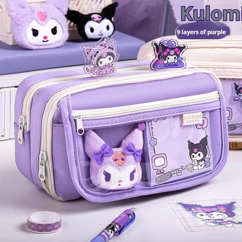 MINISO Cute Kuromi Large Capacity Pencil Case Pretty Zipper Pen Pouch for Girls, Complete Set of School Supplies