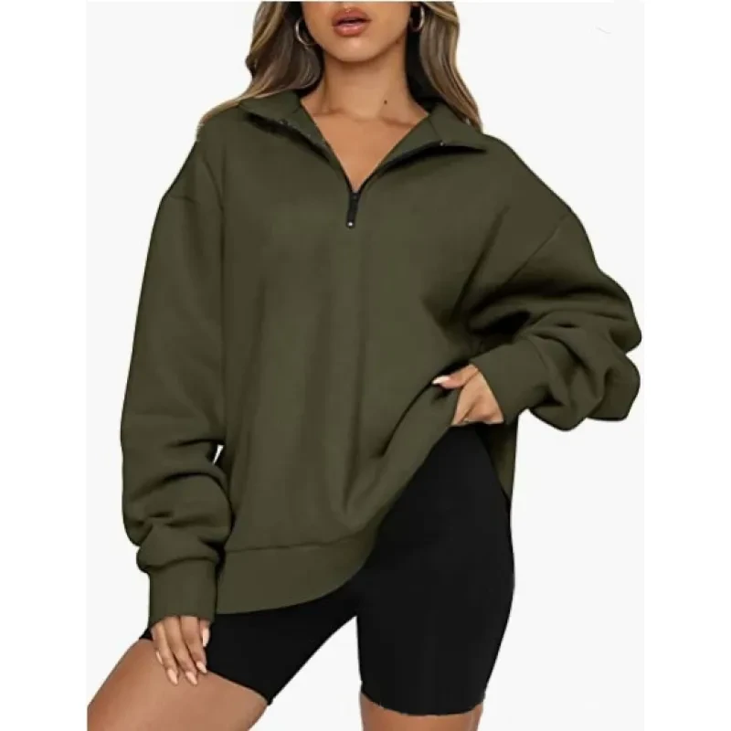 Women Sweatshirts Zip Turndown Collar Loose Casual Tops Clothes