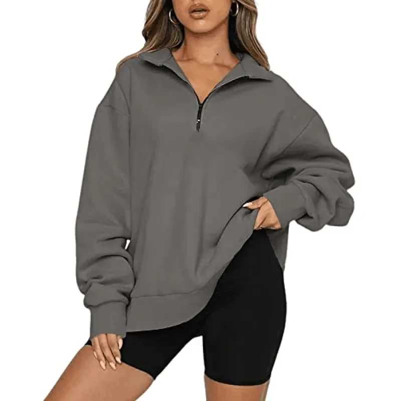 Women Sweatshirts Zip Turndown Collar Loose Casual Tops Clothes