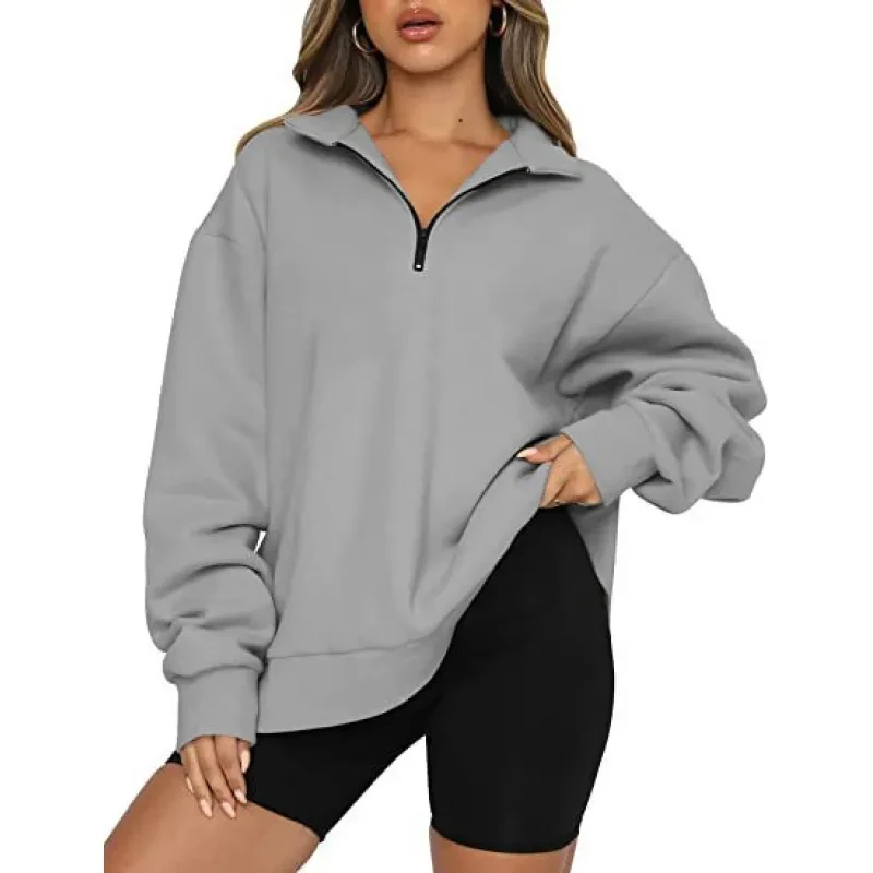 Women Sweatshirts Zip Turndown Collar Loose Casual Tops Clothes