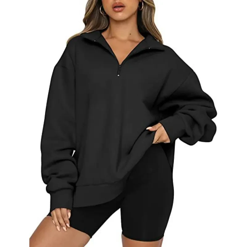 Women Sweatshirts Zip Turndown Collar Loose Casual Tops Clothes