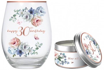 30TH DANCING ROSES STEMLESS GLASS 520ML & CANDLE GIF