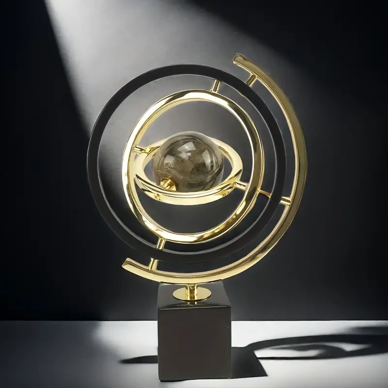 Modern Abstract Art Metal Globe Sculpture with Rectangular Base