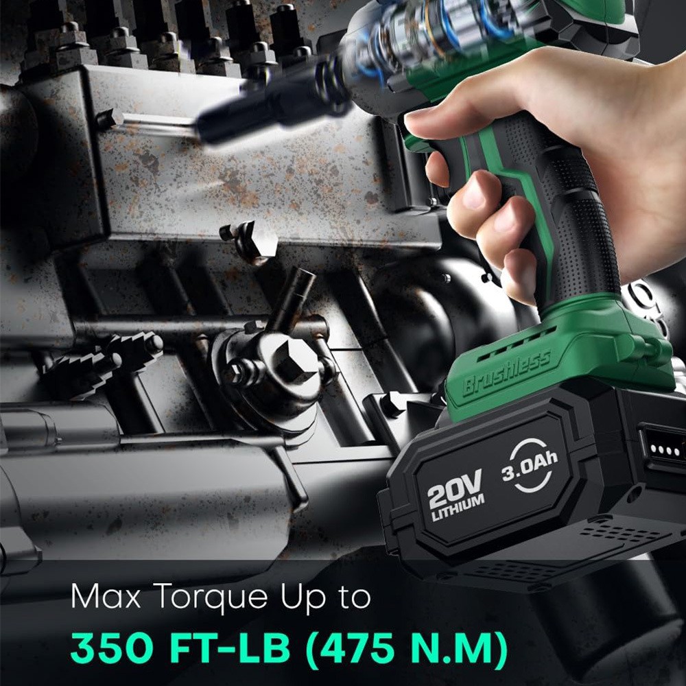 Cordless Impact Wrench 1/2", Premium Brake Stop, 3000 RPM & Max Torque 350 ft-lbs (475N.m), 7 Sockets & 3 Inch Extension Bar, 1/2 Impact Gun