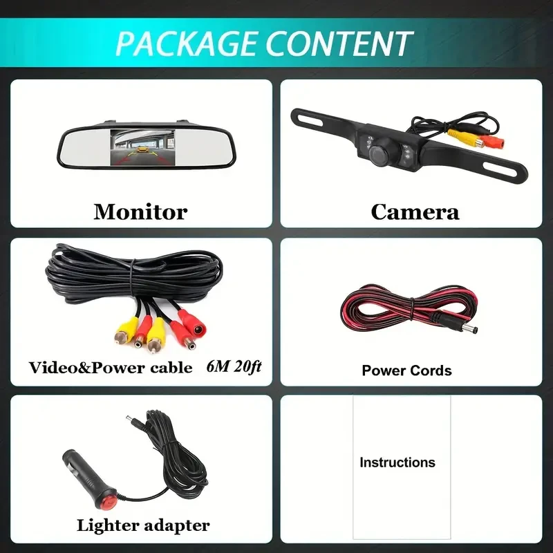 10.92cm Backup Camera Mirror with 7 LED Night Vision - Rear View Reverse Monitor Parking Kit